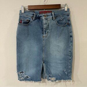 Vintage Guess Y2K Denim Jean Mini Distressed Stretch Skirt Women’s Size 28”